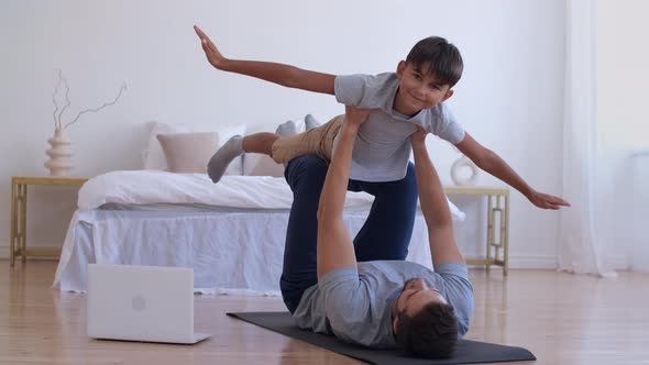 Family Fitness at Home, Father Coach, Sports Kid, Fun Gymnastics