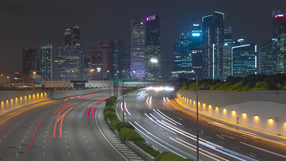 Traffic view with background Singapore landmark financial business district with skyscraper,