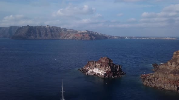 Aerial of Small Island Church Near Oia Town, Santorini