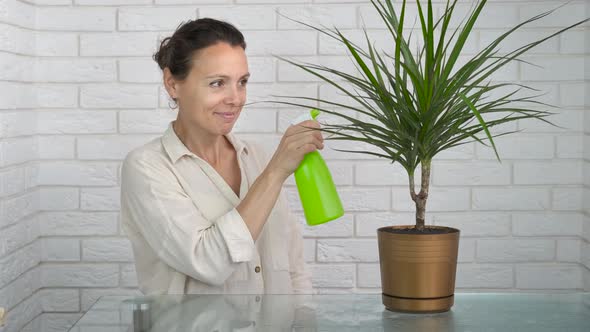 A woman takes care of houseplants.