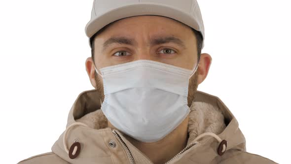 Sick Young Man Handsome Wearing Medical Mask on White Background