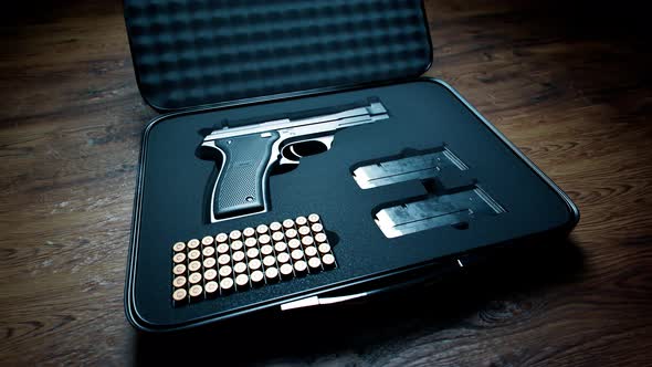 Military case with a pistol, bullets and magazines. Box with a weapon and ammo.