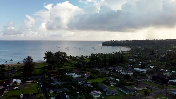Drone shot. Pan of tropical bay. 1080p 24fps.