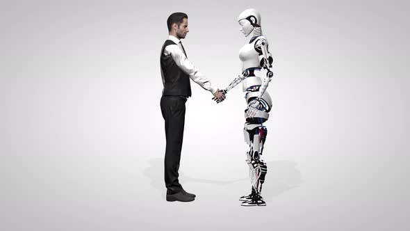 Businessman Shaking Hands with a Woman Robot with Artificial Intelligence