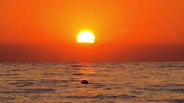 Dramatic sea sunrise. Burning sky and shining golden waves.