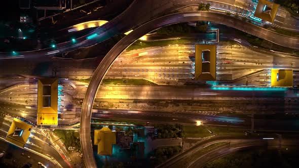 Stunning night Aerial view drone shot above interchange and motorway