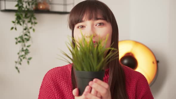 Cute Funny Caucasian Woman with Long Dark Brown Hair Hiding Her Face Behind a Plant and Playing