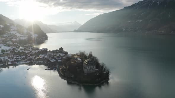 Aerial view of Iseltwald along Brienzersee lake in wintertime, Bern, Switzerland.