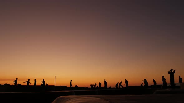 Silhouette of Young Jumping Skateboarder Riding Longboard, Summer Sunset Background. Venice Ocean