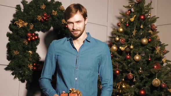 Portrait of smiling handsome man holding gift. Sexy bearded male posing near Christmas tree 