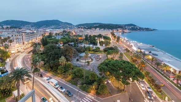 Evening Aerial Panorama of Nice Day To Night Timelapse, France. Lighted Old Town Little Streets