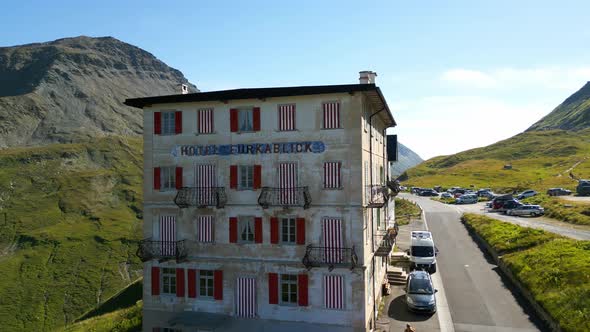 Ancient Hotel Furkablick at Furka Pass Mountain Road in Switzerland