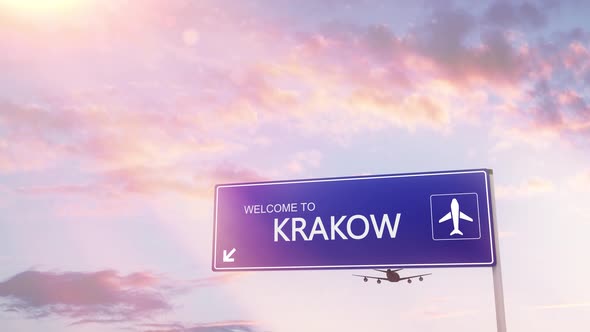 Krakow City Sign Plane Landing in Daylight