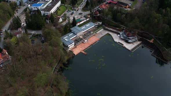 Aerial View Of Spa Resort Close On Bear Lake Close Due To COVID-19 Pandemic In Sovata, Romania