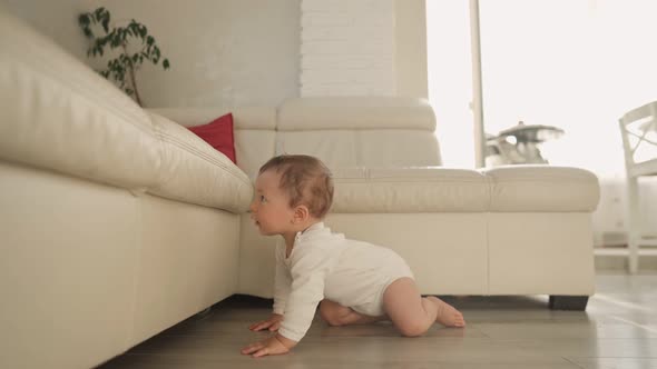 The First Attempts of the Child to Stand Up Near Sofa