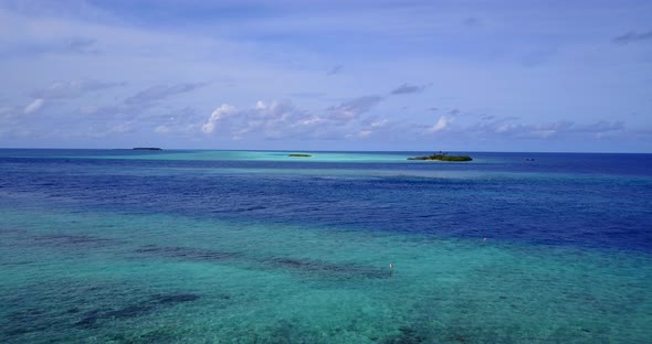 Wide angle above travel shot of a summer white paradise sand beach and turquoise sea background in h