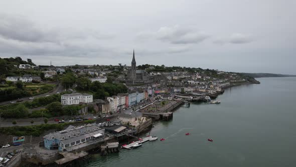 Cobh town Ireland  panning drone aerial view