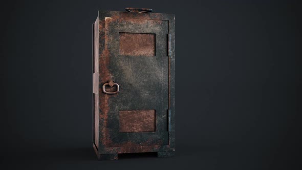 Old, rusty safe. The doors of the strongbox open showing the empty interior.