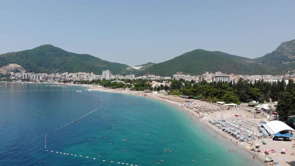 Aerial View of Long Coastline of Budva City, Montenegro. Balkans, Adriatic Sea, Europe