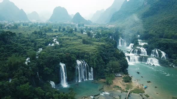 Aerial view, panorama view of beautiful waterfall