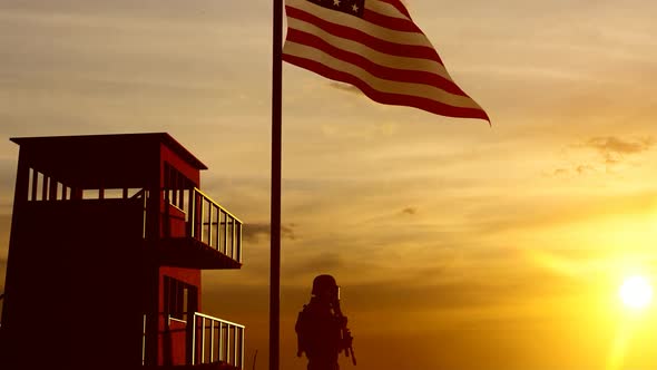 Soldier Guarding the Border Under the American Flag