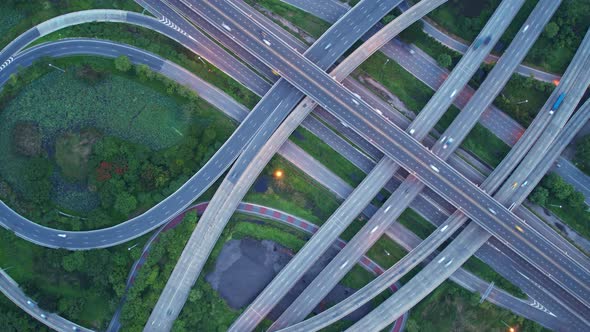 drone flying over interchange and multi junction road