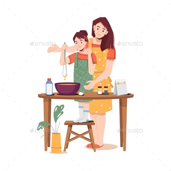 Mother and Little Daughter Making Dough Together