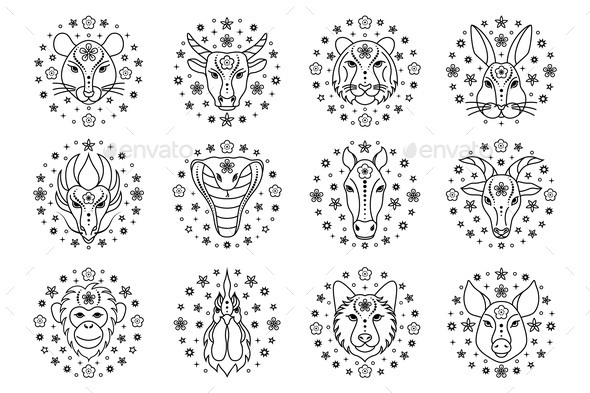 Chinese Zodiac Signs on White