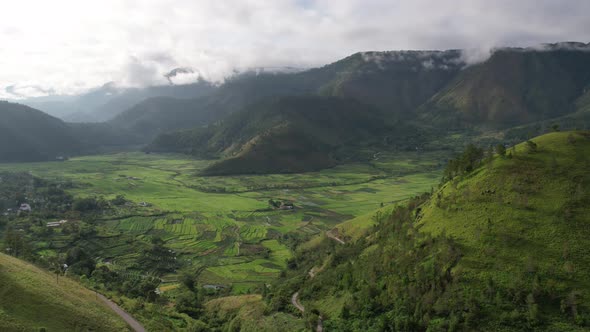 Hyperlapse rice field valley between mountains