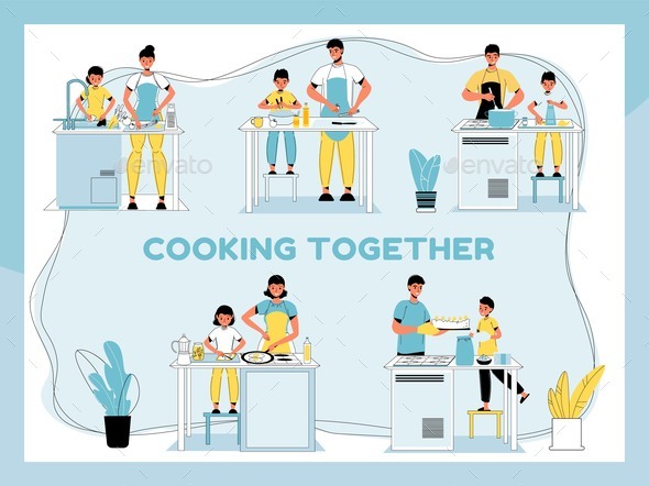 Parent Children Cooking Food Together at Home Set
