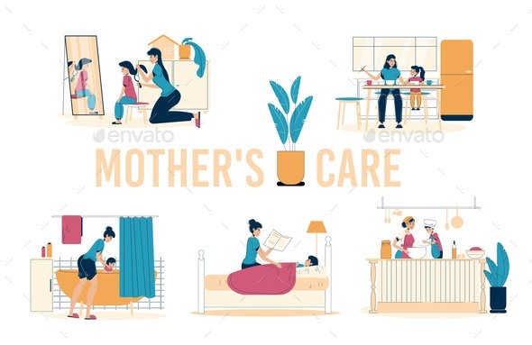 Mother Daughter Care Family Isolated Scene Set