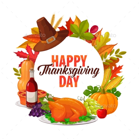 Happy Thanksgiving Day Vector Cartoon Round Frame