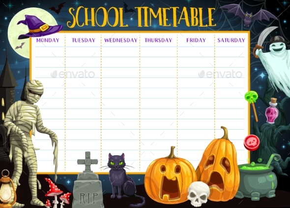 School Timetable Template with Halloween Monsters
