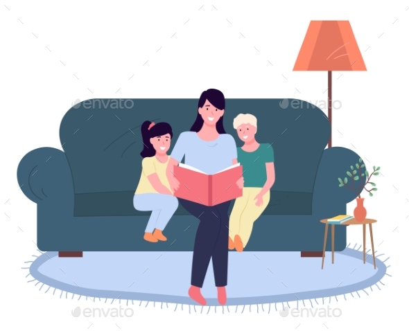 Mother Reading a Story To Children, Happy Family