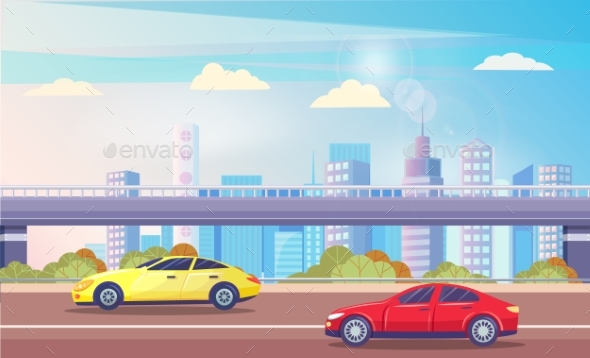 Futuristic Cityscape, Highway with Vehicles Vector