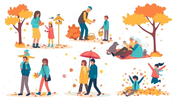 People in Autumn Park Set of Vector Illustrations
