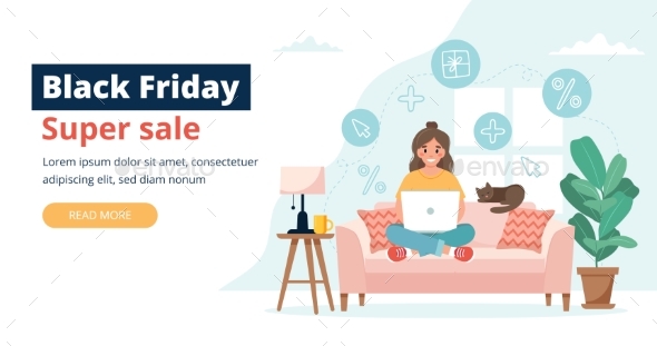 Black Friday Banner with Woman Holding a Laptop