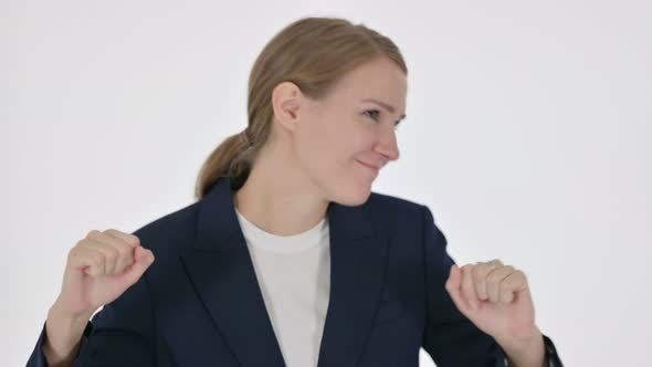 Young Businesswoman Dancing in Joy on White Background