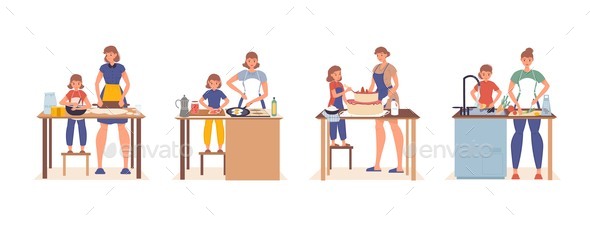 Mother Daughter Family Cooking in Home Kitchen Set