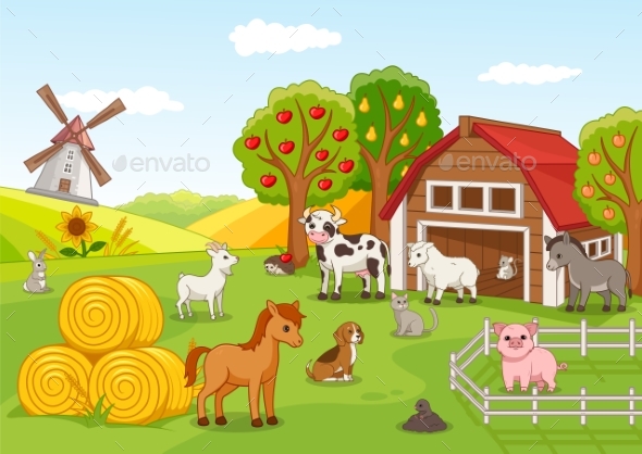 Colorful Farmyard with Animals and Fruit Orchard