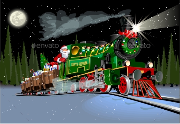 Vector Christmas Card with Cartoon Santa Express