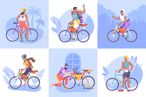 Flat Bike Tourism Composition Icon Set
