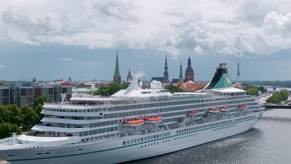 Beautiful Cruise Ship Docked in Riga Latvia Near the Old Town and the Bridge