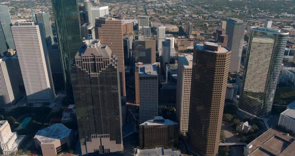 Drone view of skyscrapers in the Downtown Houston area. This video was filmed in 4k for best image q