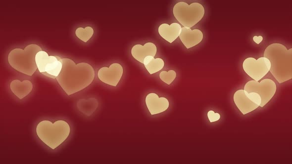 Flying Yellow Hearts Abstract Particles Red Background Loop