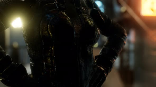 Futuristic Cyberpunk Style Young Woman with Neon Bokeh Lights alt