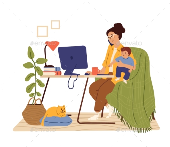 Mother Work From Home. Working Mom, Happy Busy