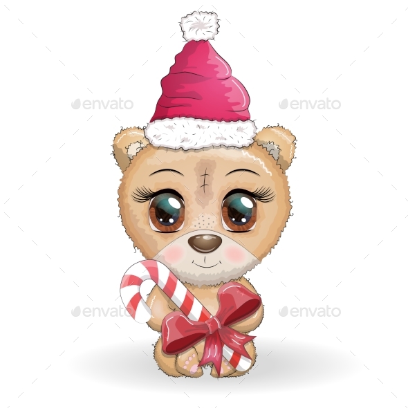 Cartoon Bear with Big Eyes in a Christmas Hat