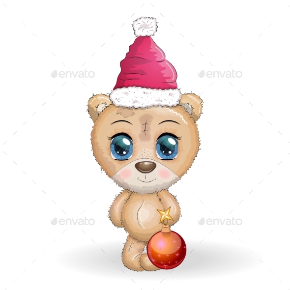 Cartoon Bear with Big Eyes in a Christmas Hat