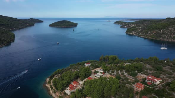 Aerial View of Picturesque Green Bay at Hvar Island, Croatia.